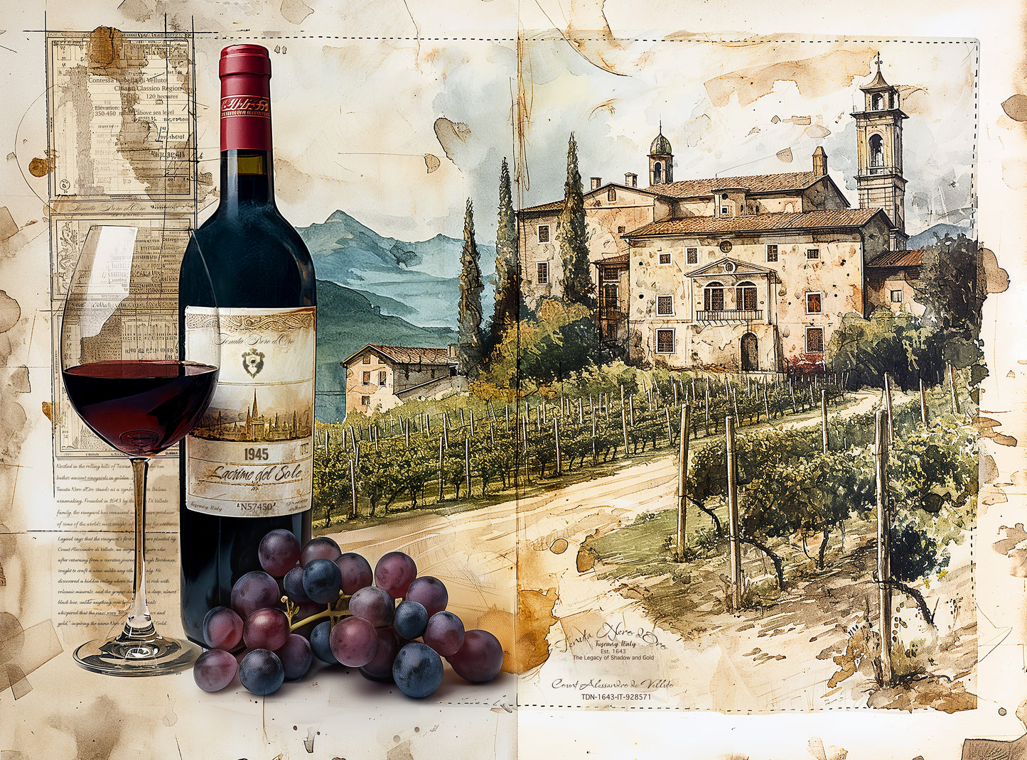 1000 Piece Jigsaw Puzzle for Adults - Wine Vineyard in Italy - A 1945 Bottle and Glass of Wine from Tuscany in Front of Rows of Grape Vines