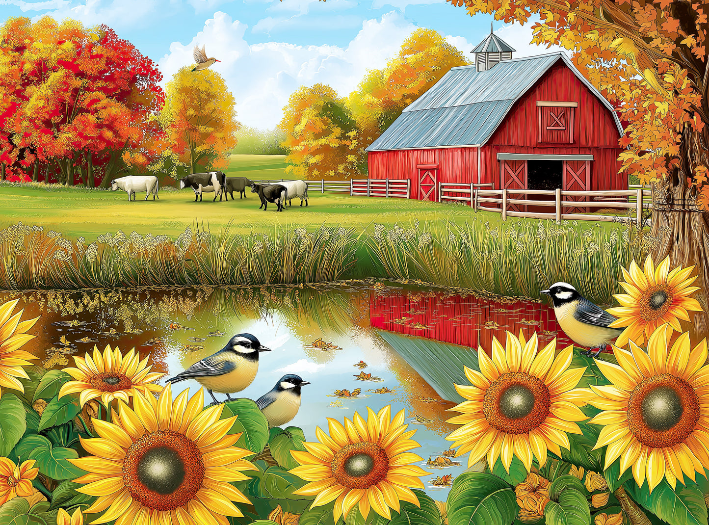 1000 Piece Jigsaw Puzzle for Adults - Sunflowers Birds and Cows by The Barn on The Country Farm - Summer on the Farm