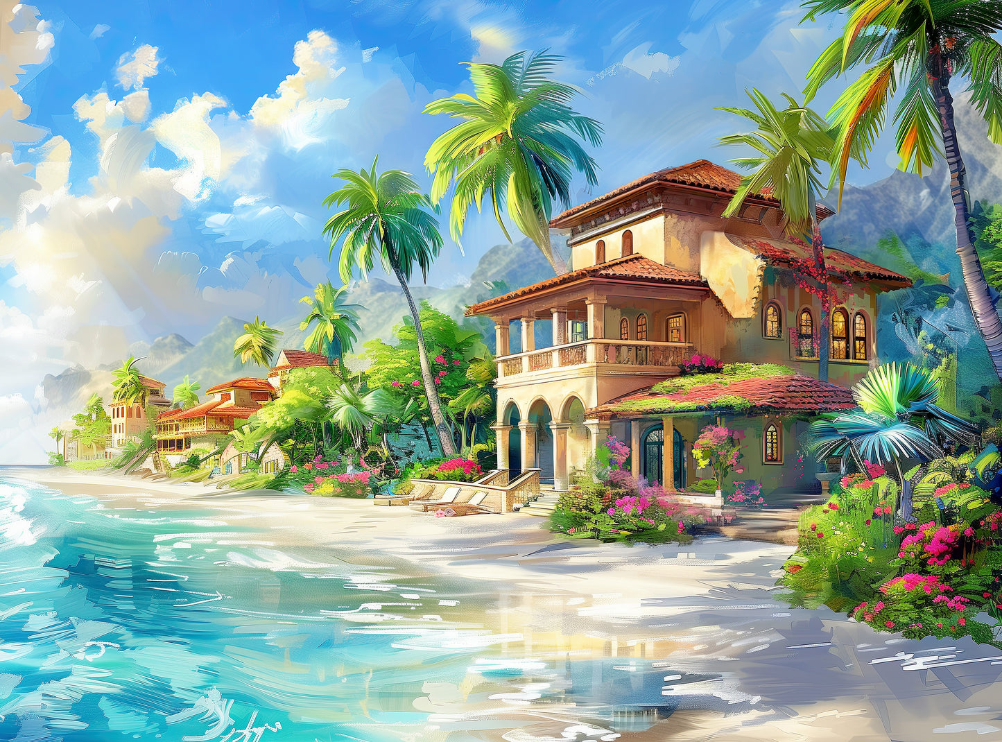 1000 Piece Jigsaw Puzzle for Adults - Elegant Beach House Near The Blue Ocean Waves with Tropical Flowers - Beach Blessed