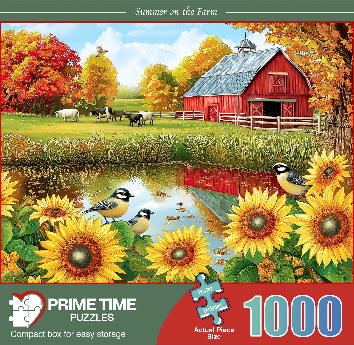 1000 Piece Jigsaw Puzzle for Adults - Sunflowers Birds and Cows by The Barn on The Country Farm - Summer on the Farm