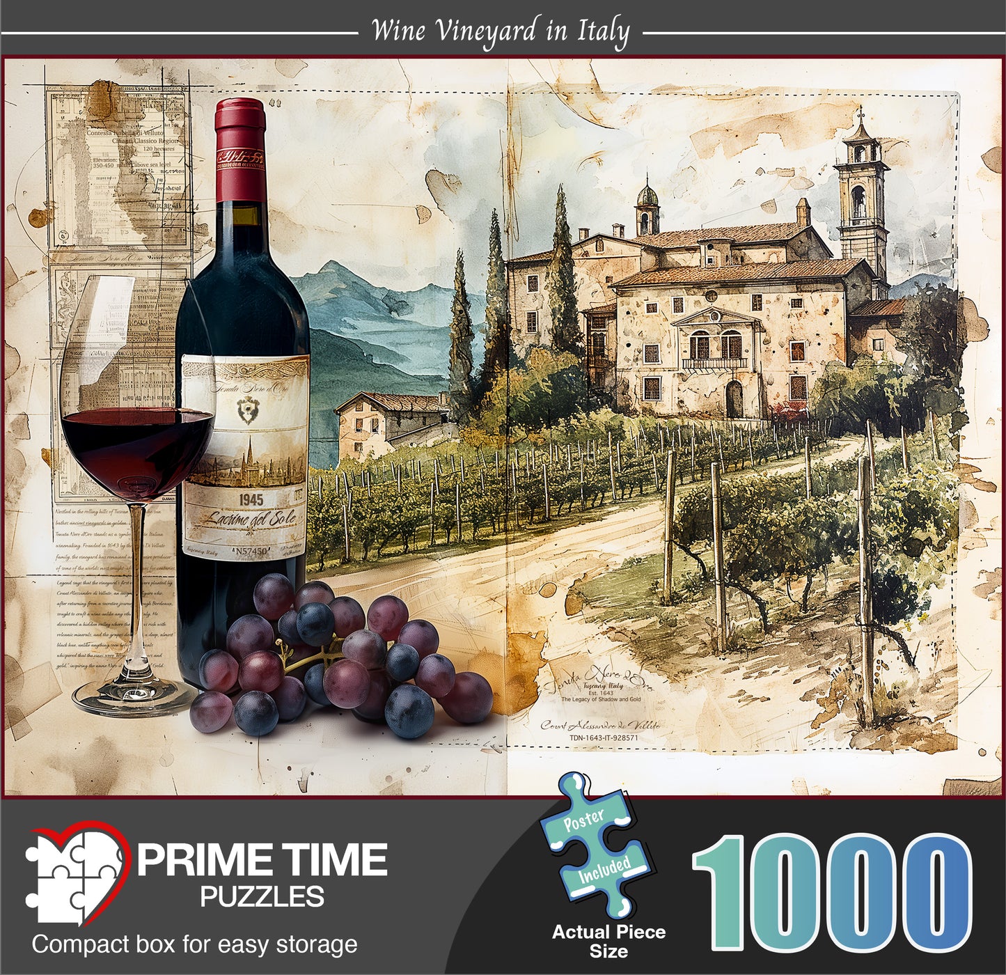 1000 Piece Jigsaw Puzzle for Adults - Wine Vineyard in Italy - A 1945 Bottle and Glass of Wine from Tuscany in Front of Rows of Grape Vines