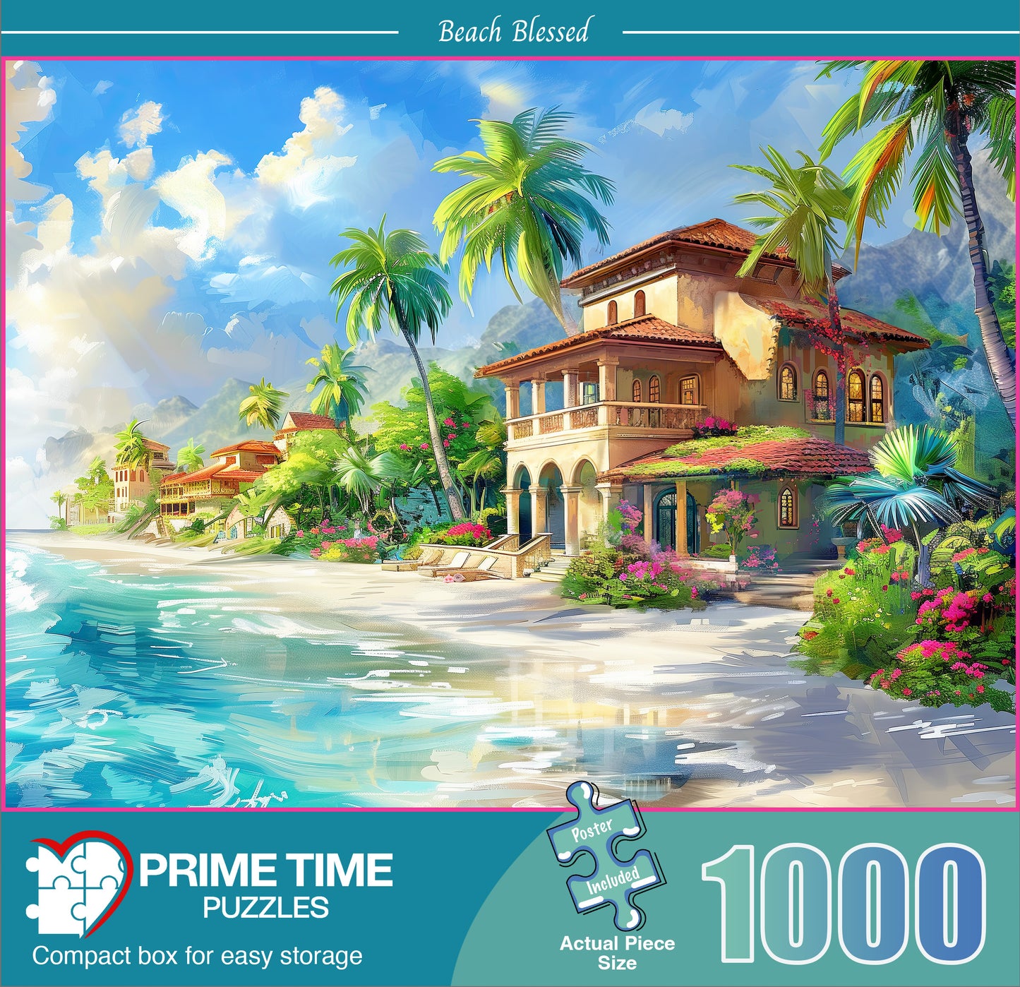 1000 Piece Jigsaw Puzzle for Adults - Elegant Beach House Near The Blue Ocean Waves with Tropical Flowers - Beach Blessed