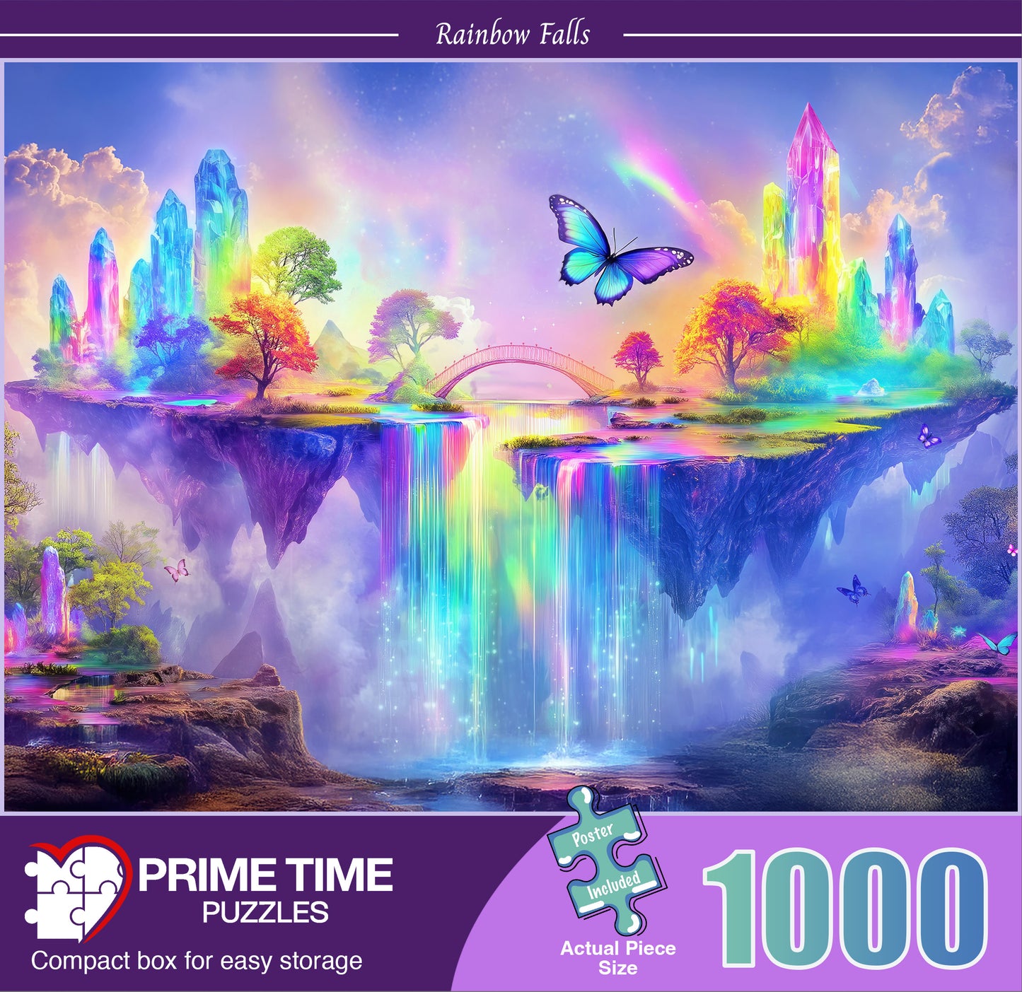 1000 Piece Jigsaw Puzzle for Adults - Fantasy Butterfly and Rainbow Crystal Waterfall - Rainbow Falls