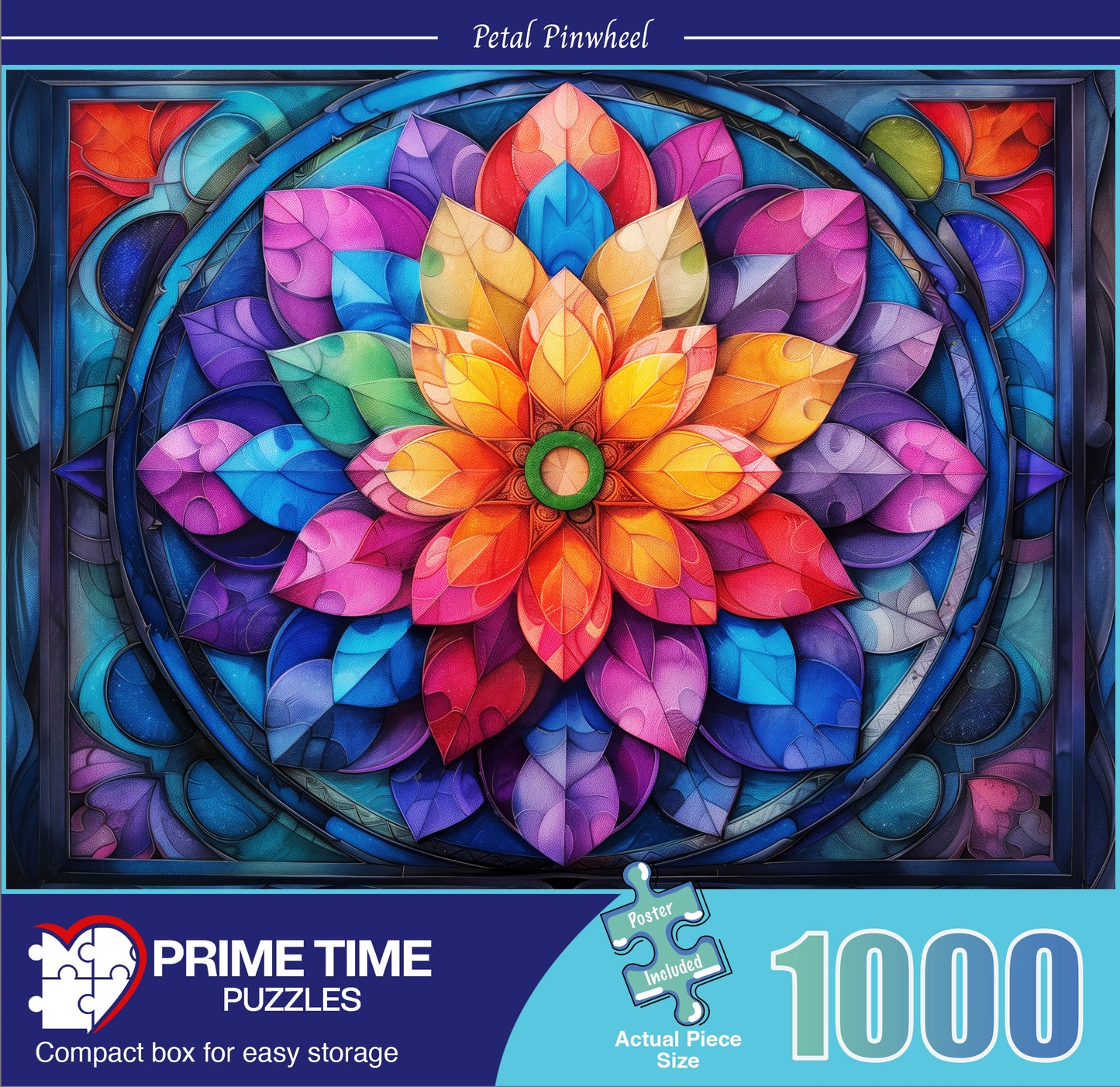 1000 Piece Jigsaw Puzzle for Adults - Stained Glass Mandala Flower - Petal Pinwheel