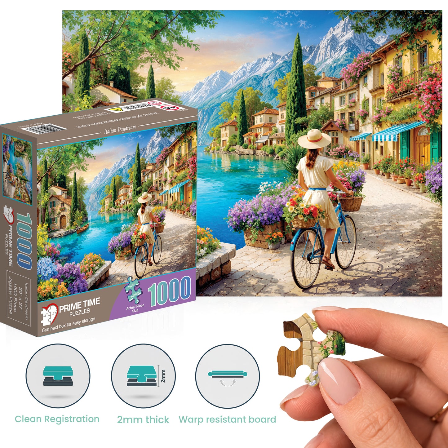 1000 Piece Jigsaw Puzzle for Adults - Italian Daydream - A Young Woman Rides her Bicycle Along the Mediterranean Sea in Italy - Challenging Puzzle Perfect for Game Nights - 20x27 inches
