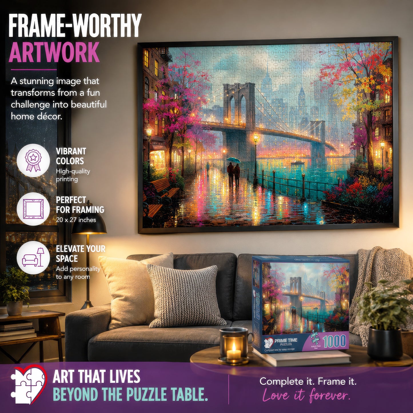 Prime Time Puzzles 1000 Piece Jigsaw Puzzle for Adults - Walk in the Rain in the City - Challenging Puzzle - Artistic Cityscape - Brooklyn Bridge - New York - 1000 Piece for Adults. 20x27 inches