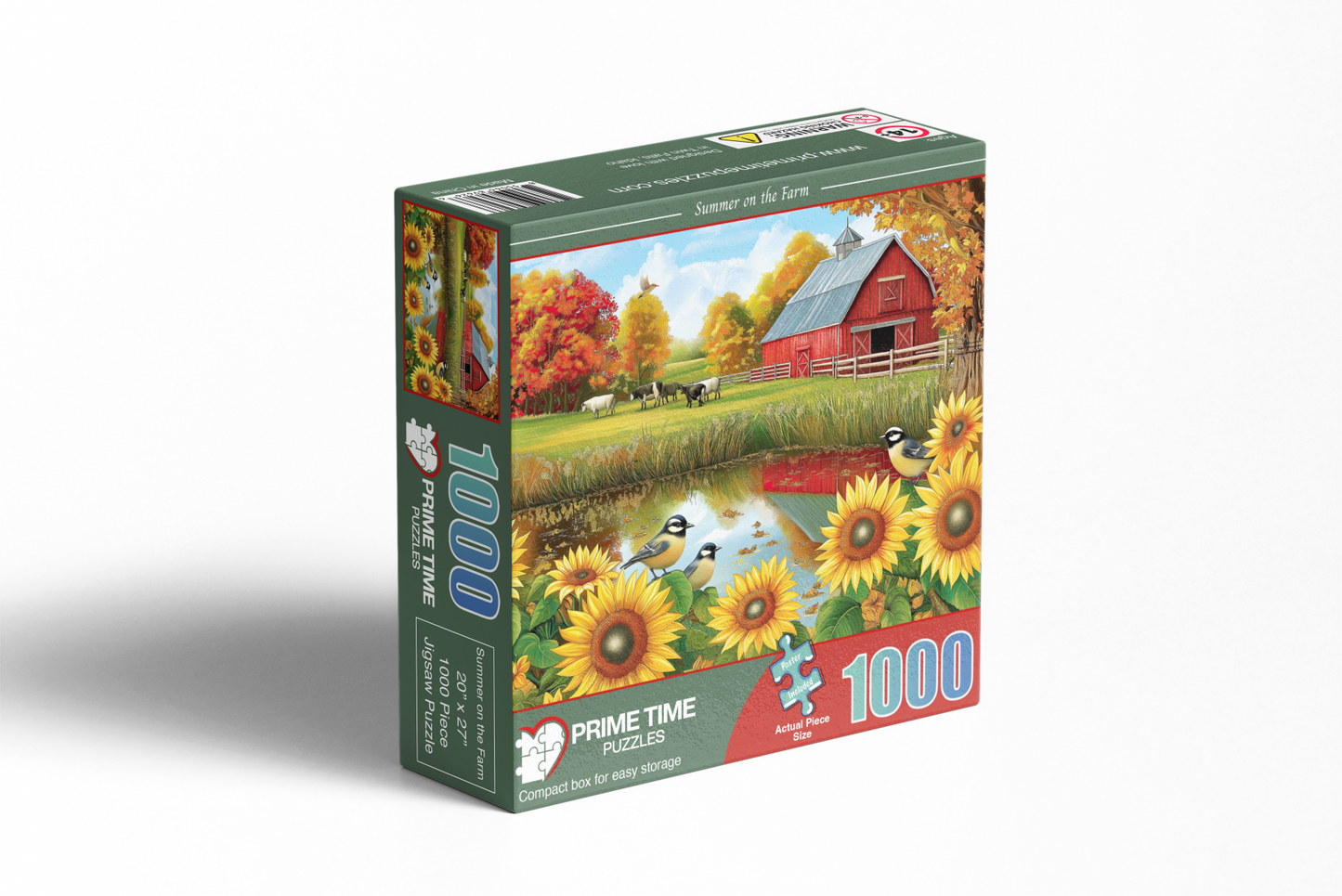 1000 Piece Jigsaw Puzzle for Adults - Sunflowers Birds and Cows by The Barn on The Country Farm - Summer on the Farm