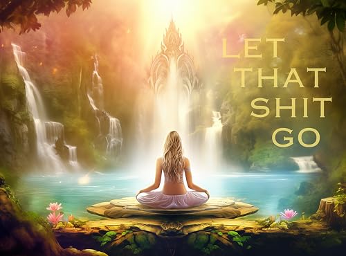 Prime Time Puzzles 1000 Piece Jigsaw Puzzle for Adults - Funny Yoga Meditation Puzzle for Women in Nature - Affirmation in a Waterfall Lake Paradise - Let That Shit Go - Challenging - 20x27 inch