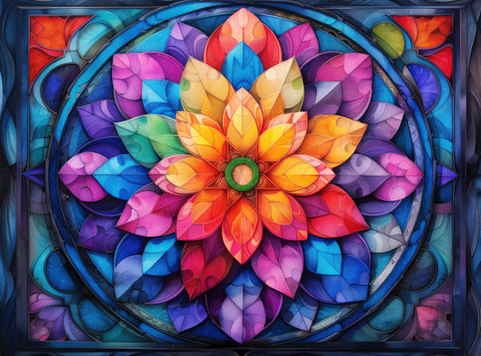 1000 Piece Jigsaw Puzzle for Adults - Stained Glass Mandala Flower - Petal Pinwheel