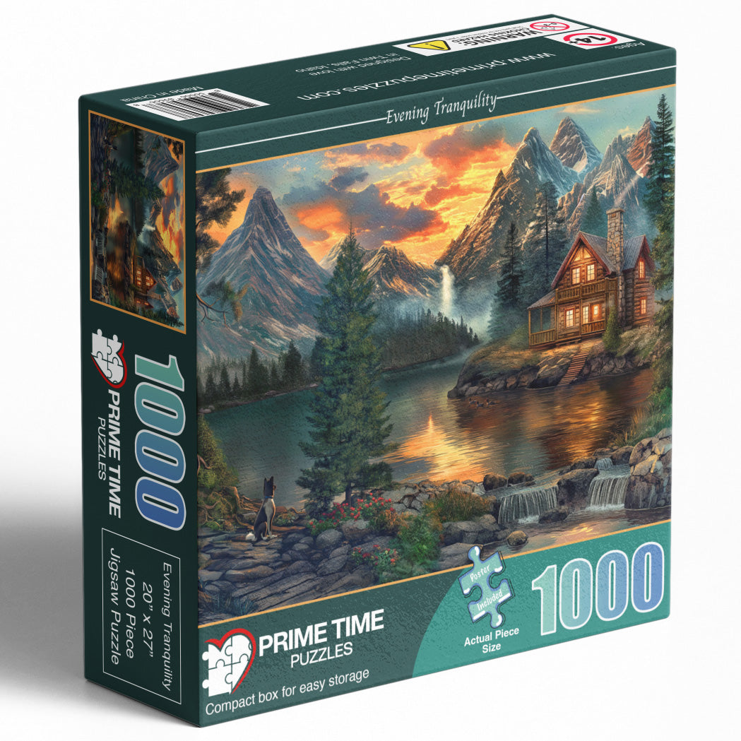 1000 Piece Jigsaw Puzzle for Adults - Mountain Cabin by a Lake - Evening Tranquility