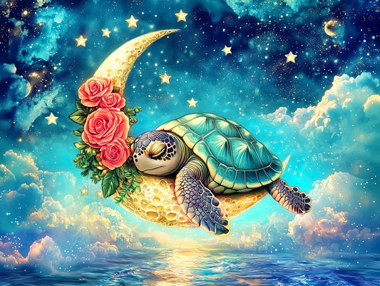 1000 Piece Jigsaw Puzzle for Adults - Cute Sea Turtle Gently Sleeping on The Crescent Moon amidst a Cloud Covered Ocean - Turtle Lullaby
