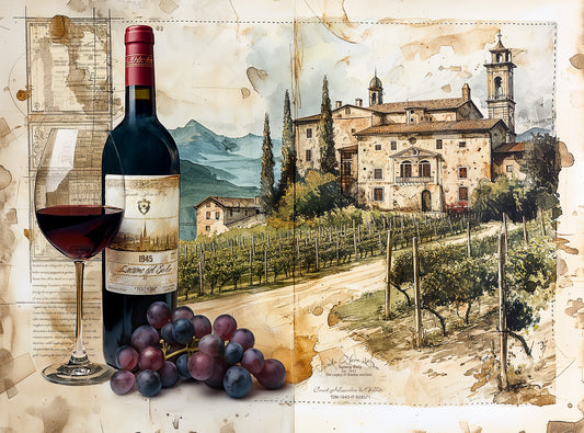 1000 Piece Jigsaw Puzzle for Adults - Wine Vineyard in Italy - A 1945 Bottle and Glass of Wine from Tuscany in Front of Rows of Grape Vines