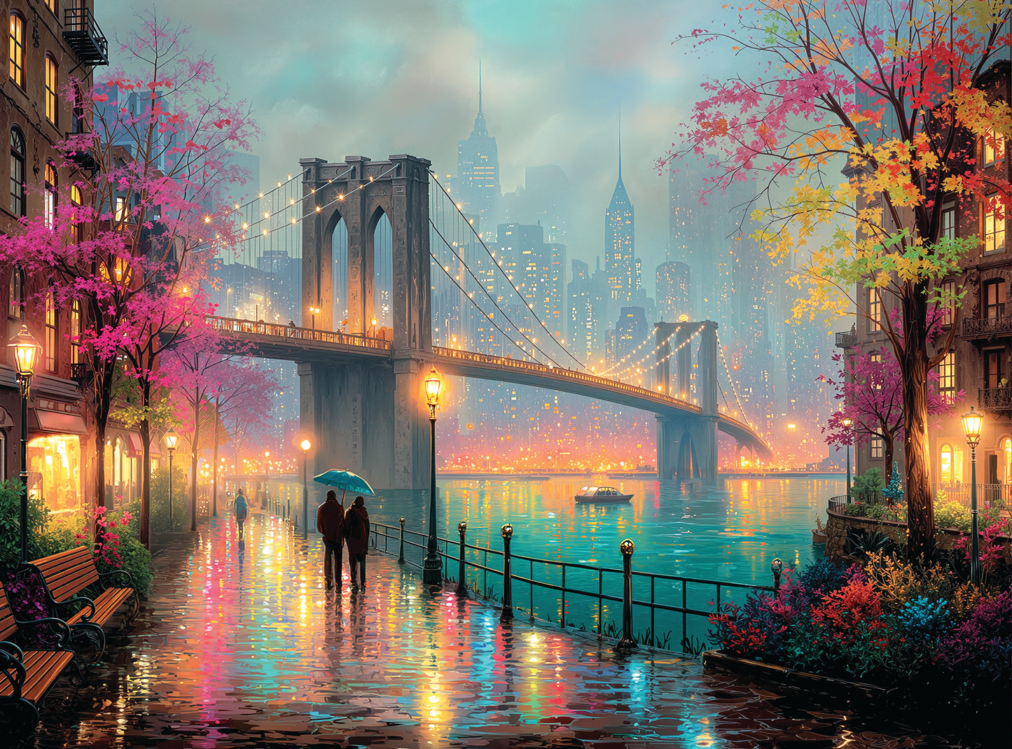 Prime Time Puzzles 1000 Piece Jigsaw Puzzle for Adults - Walk in the Rain in the City - Challenging Puzzle - Artistic Cityscape - Brooklyn Bridge - New York - 1000 Piece for Adults. 20x27 inches