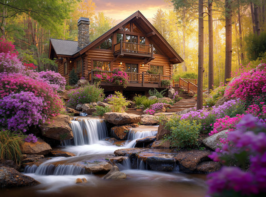 Prime Time Puzzles 1000 Piece Jigsaw Puzzle for Adults - Mountain Cabin Waterfall - Challenging Puzzle Perfect for Game Nights - 1000 Piece for Adults. Nature Landscape Photograph in Forest 20x27 inch