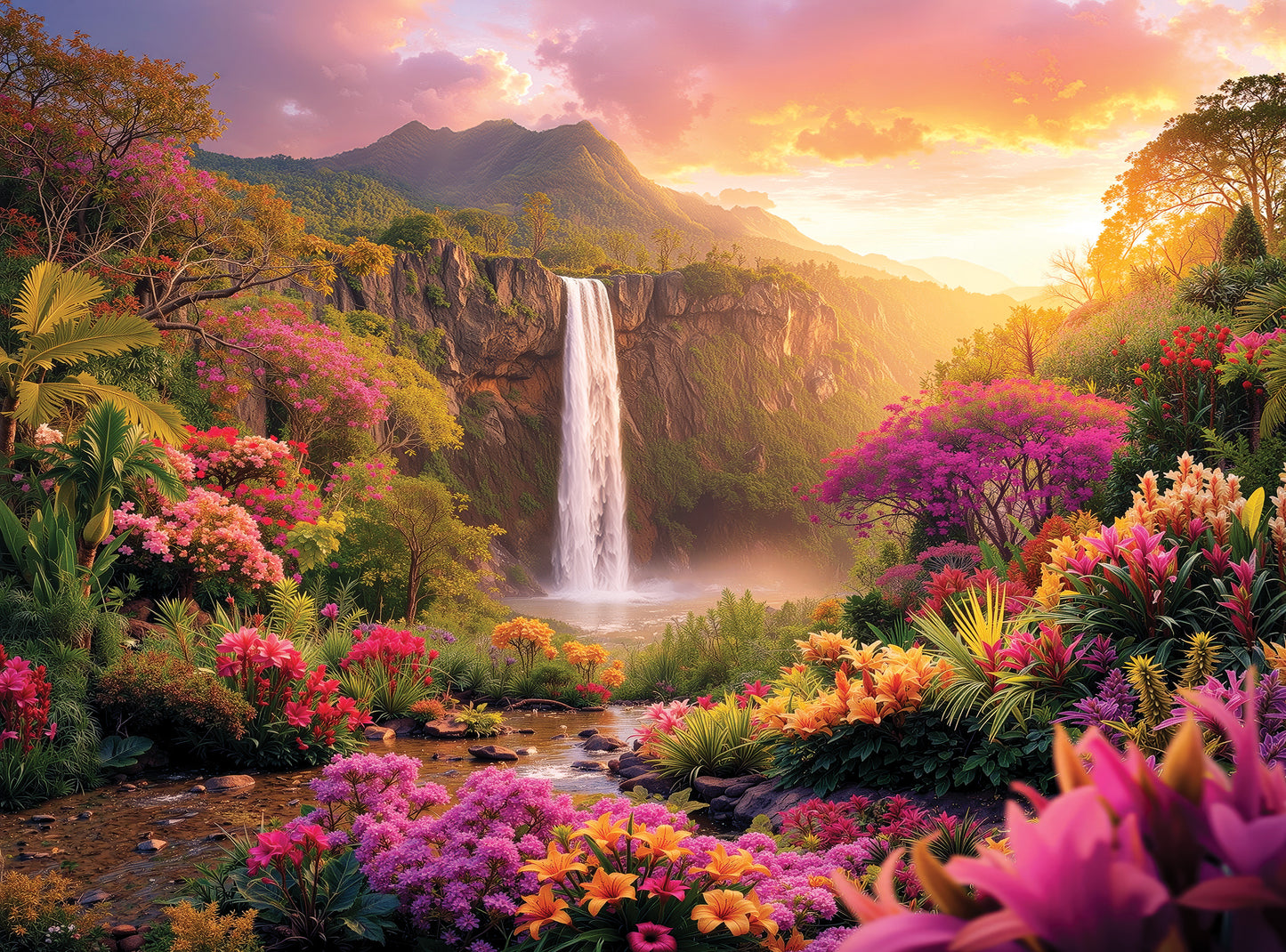 Hawaiian Waterfall Puzzles for Adults 1000 Pieces, Impossible Hard Difficult Challenging Puzzles for Adults, Colorful Tropical Flowers and Peaceful Waterfall Sunset - Jigsaw Puzzle 1000 Piece 20x27