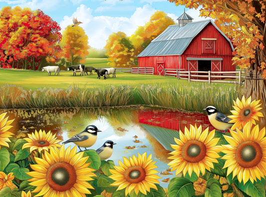 1000 Piece Jigsaw Puzzle for Adults - Sunflowers Birds and Cows by The Barn on The Country Farm - Summer on the Farm