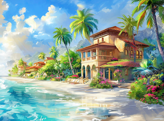 1000 Piece Jigsaw Puzzle for Adults - Elegant Beach House Near The Blue Ocean Waves with Tropical Flowers - Beach Blessed