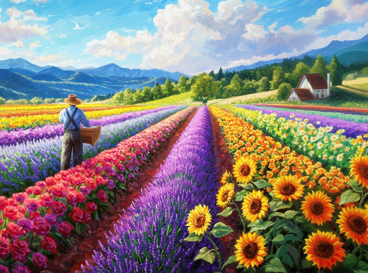 1000 Piece Jigsaw Puzzle for Adults - Art Featuring Country Cottage on a Flower Farm - Field of Dreams