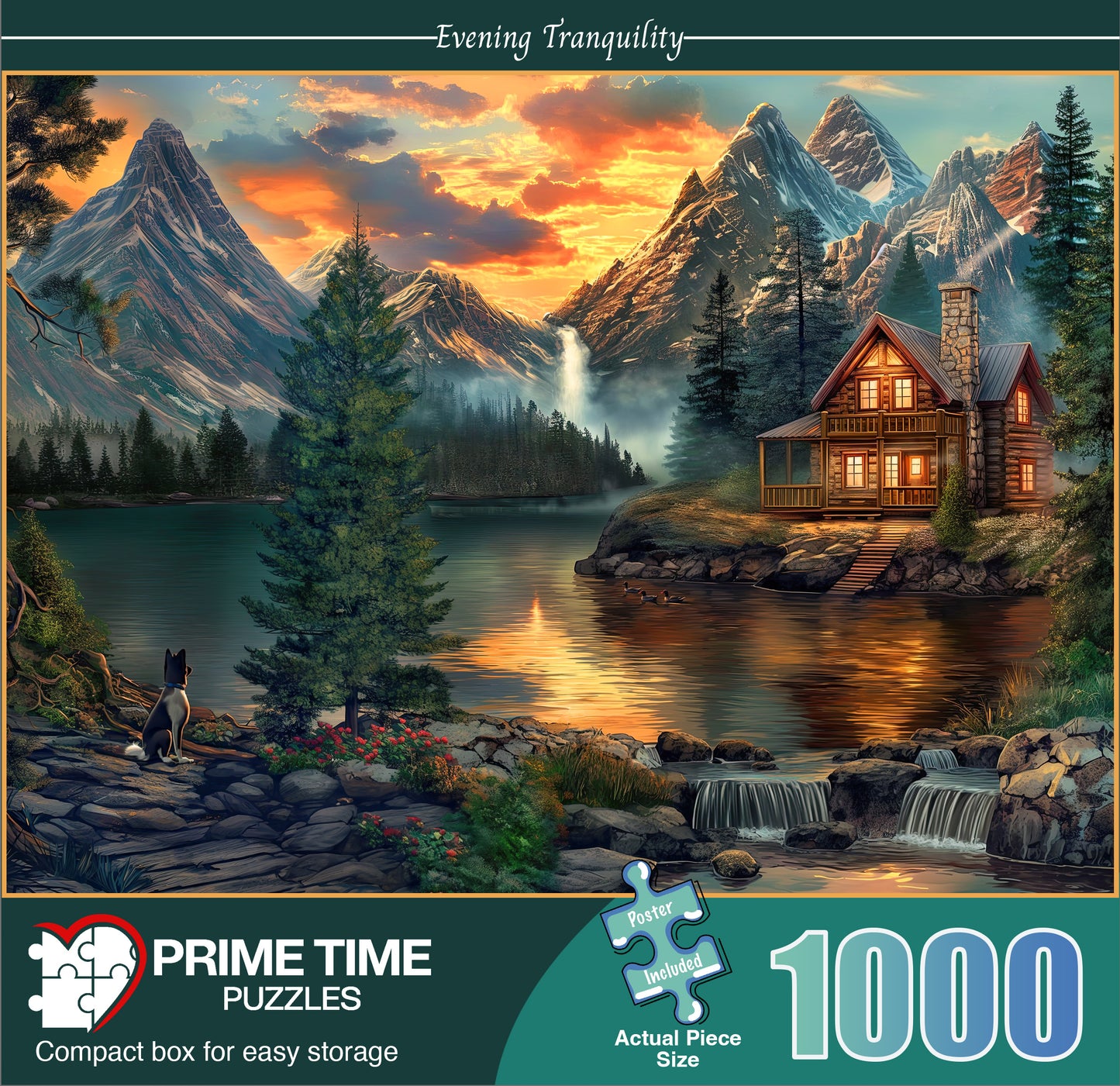 1000 Piece Jigsaw Puzzle for Adults - Mountain Cabin by a Lake - Evening Tranquility