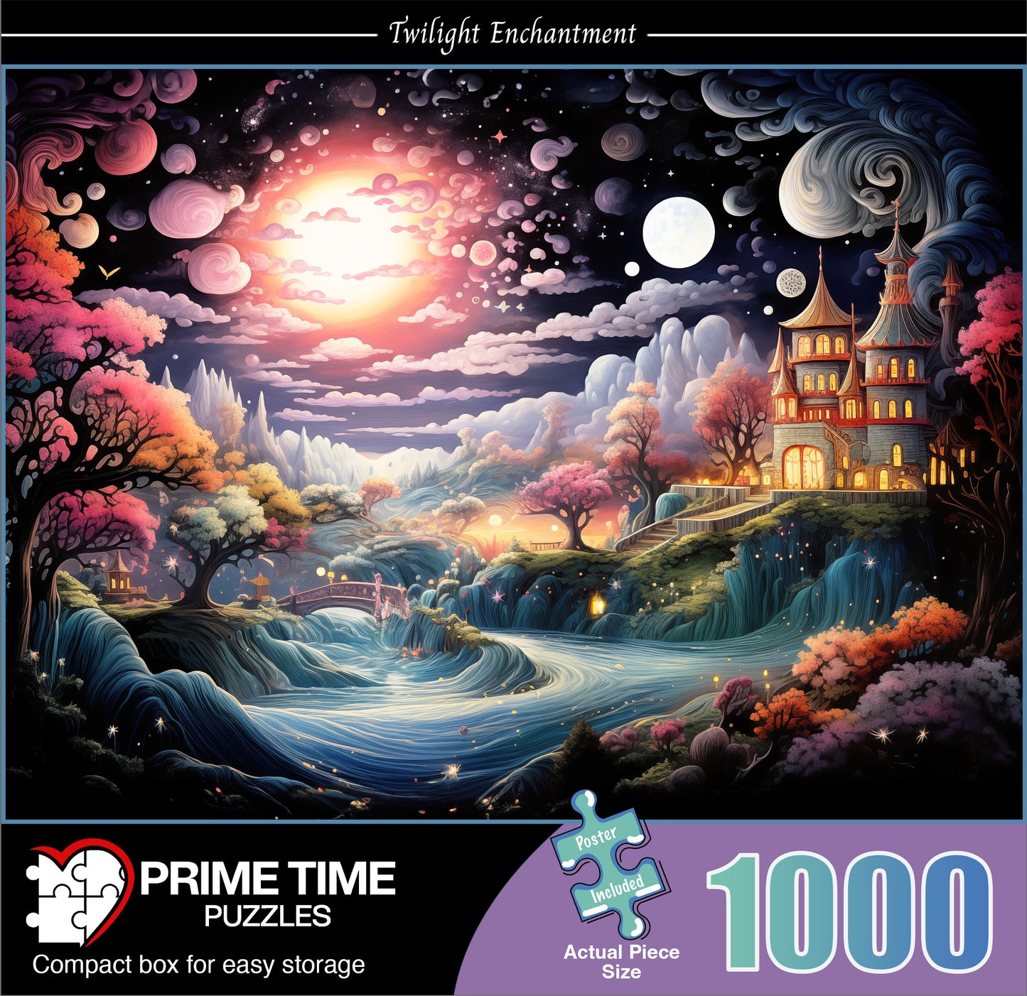 1000 Piece Jigsaw Puzzle for Adults - Colorful Magic River Mansion - Twilight Enchantment