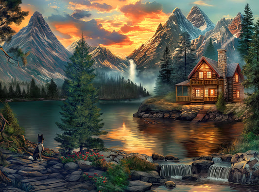 1000 Piece Jigsaw Puzzle for Adults - Mountain Cabin by a Lake - Evening Tranquility