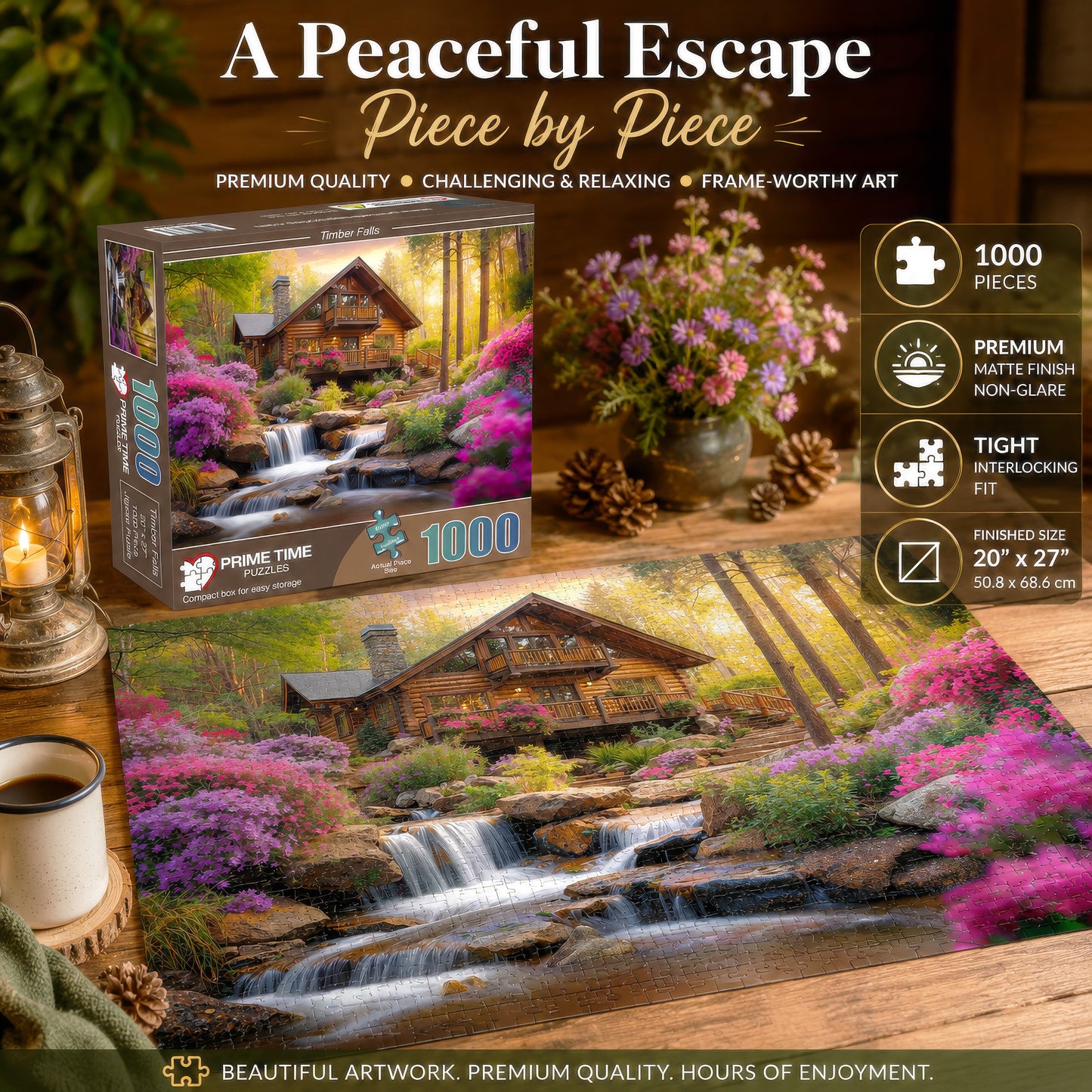 Prime Time Puzzles 1000 Piece Jigsaw Puzzle for Adults - Mountain Cabin Waterfall - Challenging Puzzle Perfect for Game Nights - 1000 Piece for Adults. Nature Landscape Photograph in Forest 20x27 inch