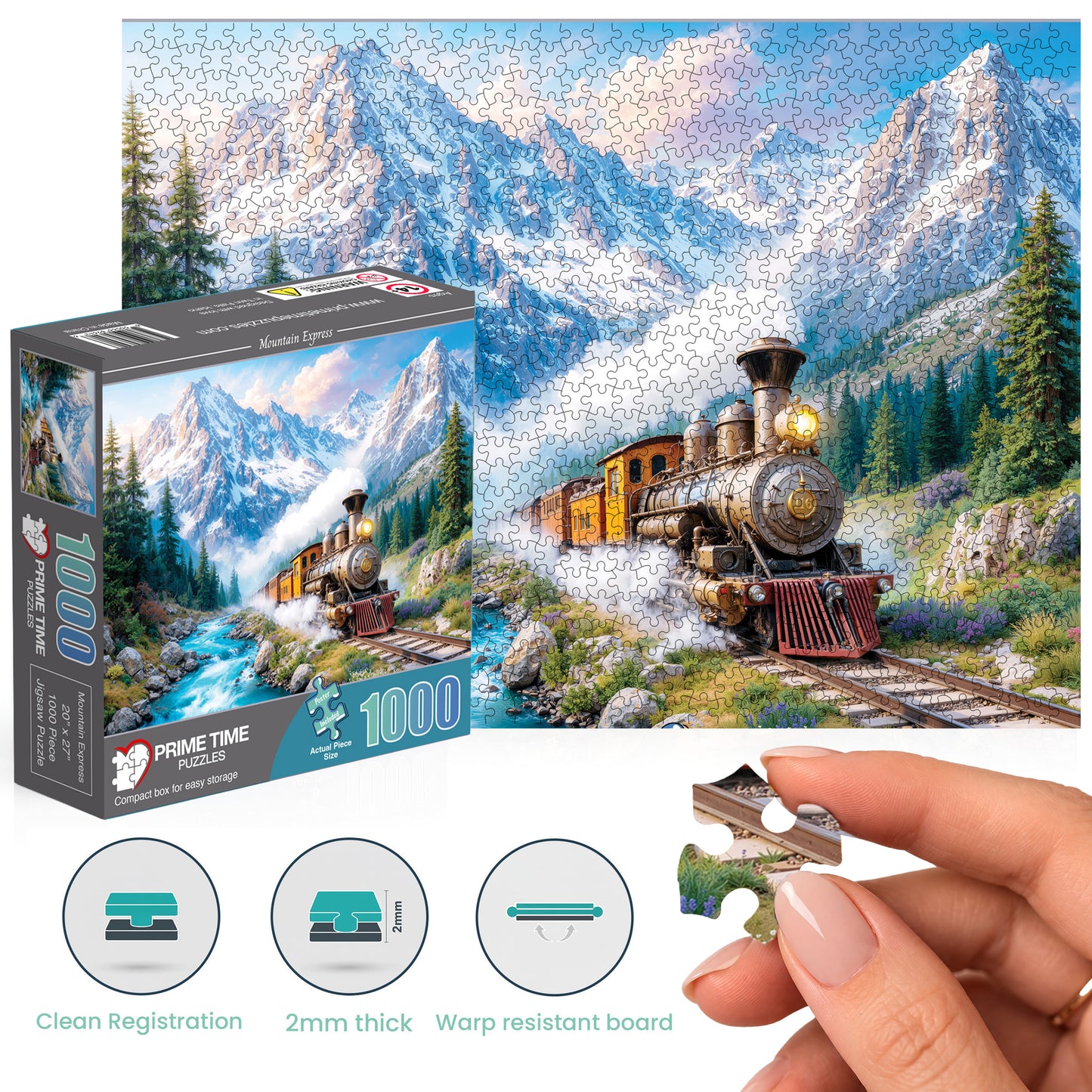 1000 Piece Jigsaw Puzzle for Adults - Mountain Express - A Steam Locomotive Train Thunders Down the Tracks - Challenging Puzzle Perfect for Game Nights - 1000 Piece for Adults. 20x27 inches
