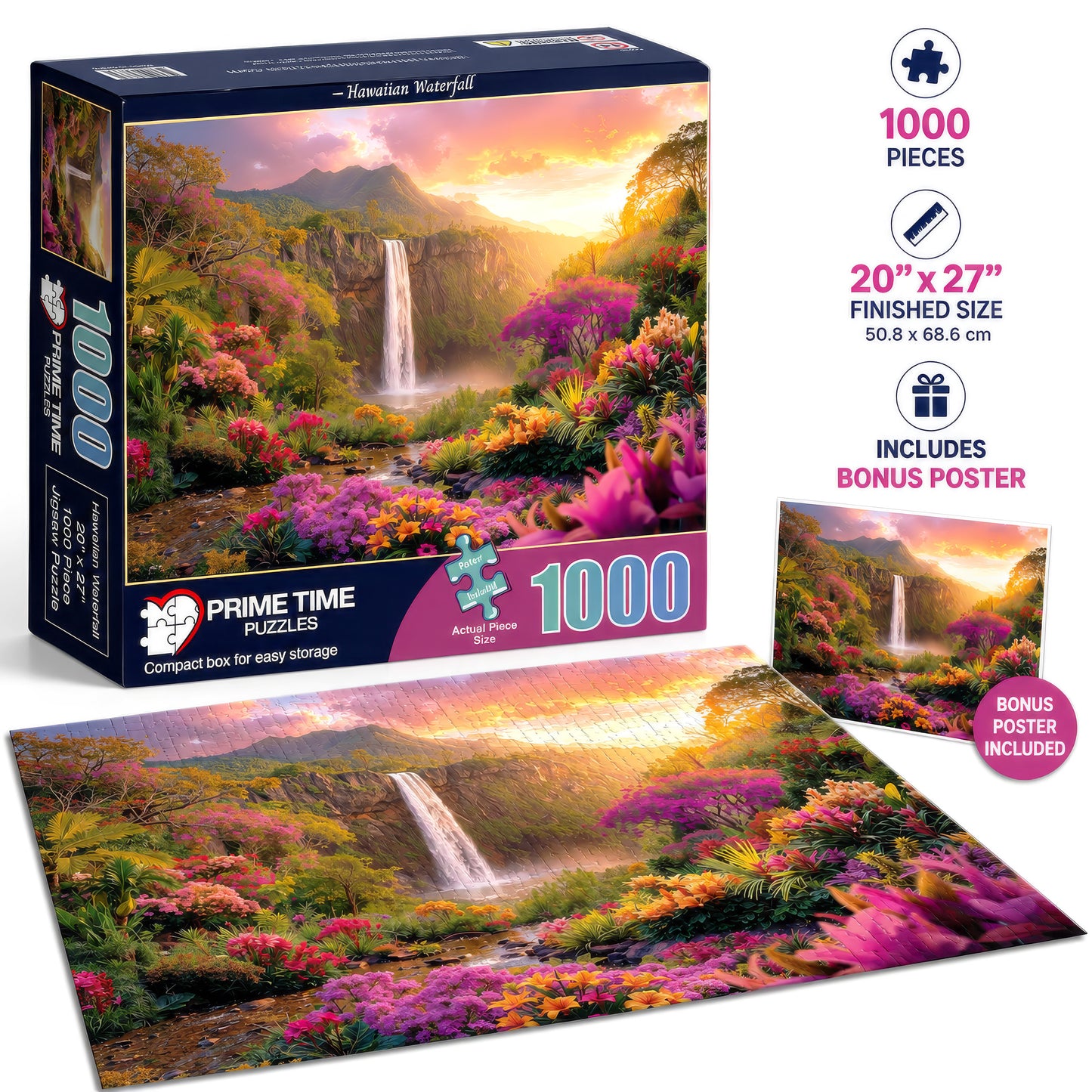 Hawaiian Waterfall Puzzles for Adults 1000 Pieces, Impossible Hard Difficult Challenging Puzzles for Adults, Colorful Tropical Flowers and Peaceful Waterfall Sunset - Jigsaw Puzzle 1000 Piece 20x27