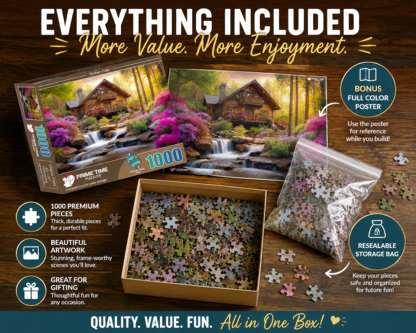 Prime Time Puzzles 1000 Piece Jigsaw Puzzle for Adults - Mountain Cabin Waterfall - Challenging Puzzle Perfect for Game Nights - 1000 Piece for Adults. Nature Landscape Photograph in Forest 20x27 inch