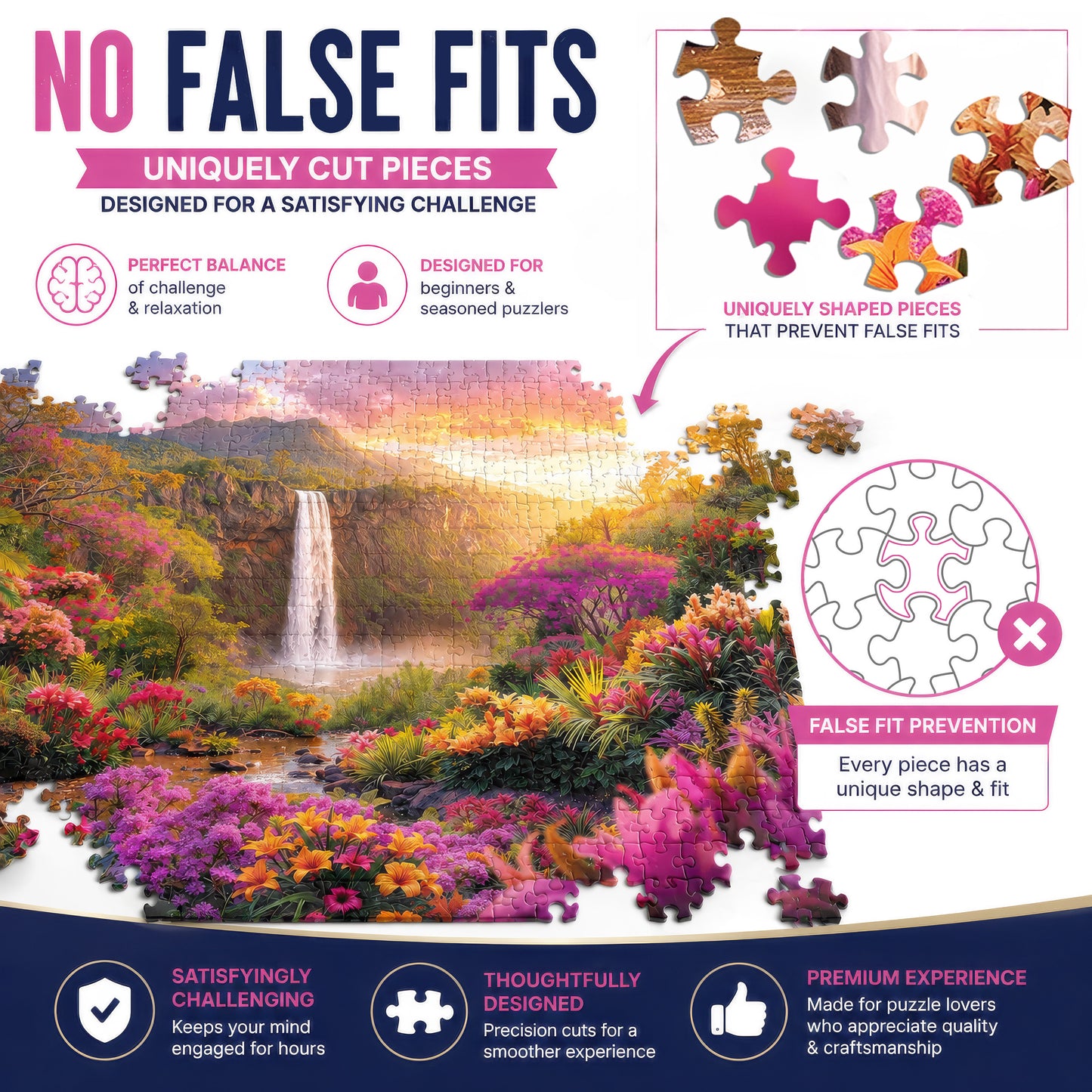 Hawaiian Waterfall Puzzles for Adults 1000 Pieces, Impossible Hard Difficult Challenging Puzzles for Adults, Colorful Tropical Flowers and Peaceful Waterfall Sunset - Jigsaw Puzzle 1000 Piece 20x27