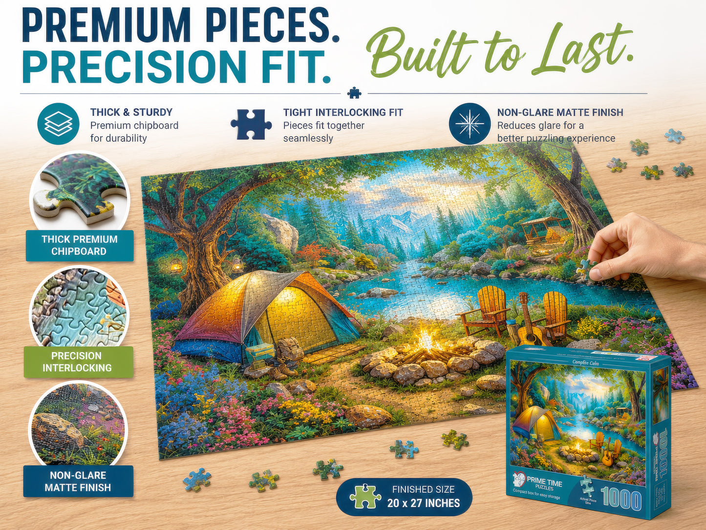 1000 Piece Jigsaw Puzzle for Adults - Tent Camping by the River - Challenging Puzzle Perfect for Game Nights - 1000 Piece for Adults. 20x27 inches - Hiking and camping in the mountains - Campfire Calm