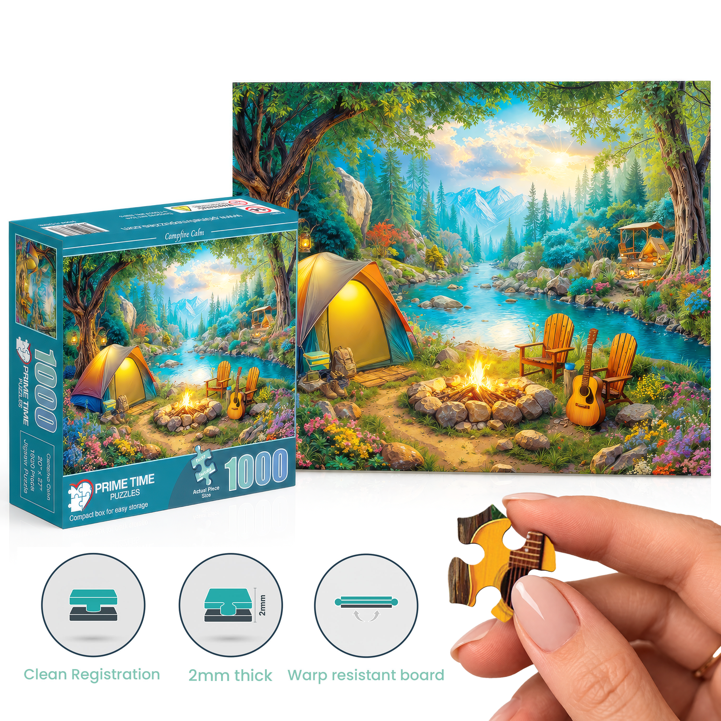 1000 Piece Jigsaw Puzzle for Adults - Tent Camping by the River - Challenging Puzzle Perfect for Game Nights - 1000 Piece for Adults. 20x27 inches - Hiking and camping in the mountains - Campfire Calm