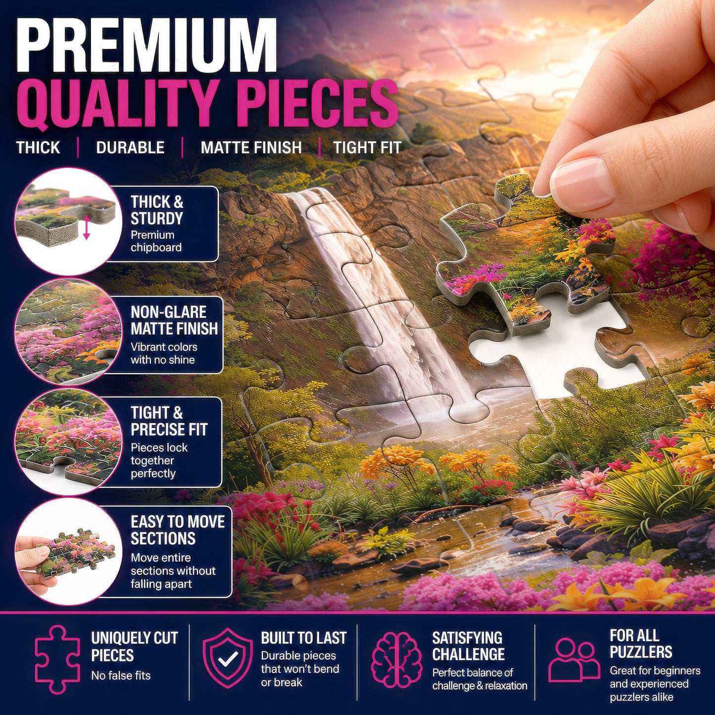 Hawaiian Waterfall Puzzles for Adults 1000 Pieces, Impossible Hard Difficult Challenging Puzzles for Adults, Colorful Tropical Flowers and Peaceful Waterfall Sunset - Jigsaw Puzzle 1000 Piece 20x27