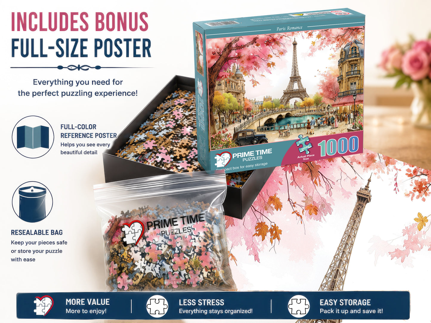 Prime Time Puzzles 1000 Piece Jigsaw Puzzle for Adults - Paris Romance - Whimsical Eifel Tower Spring Scene - Challenging Puzzle Perfect for Game Nights - 1000 Piece for Adults. 20x27 inches