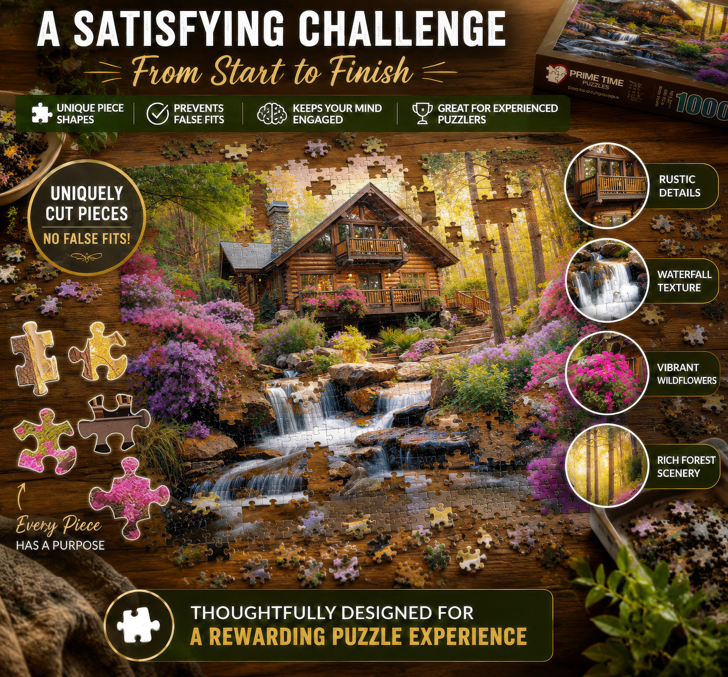 Prime Time Puzzles 1000 Piece Jigsaw Puzzle for Adults - Mountain Cabin Waterfall - Challenging Puzzle Perfect for Game Nights - 1000 Piece for Adults. Nature Landscape Photograph in Forest 20x27 inch