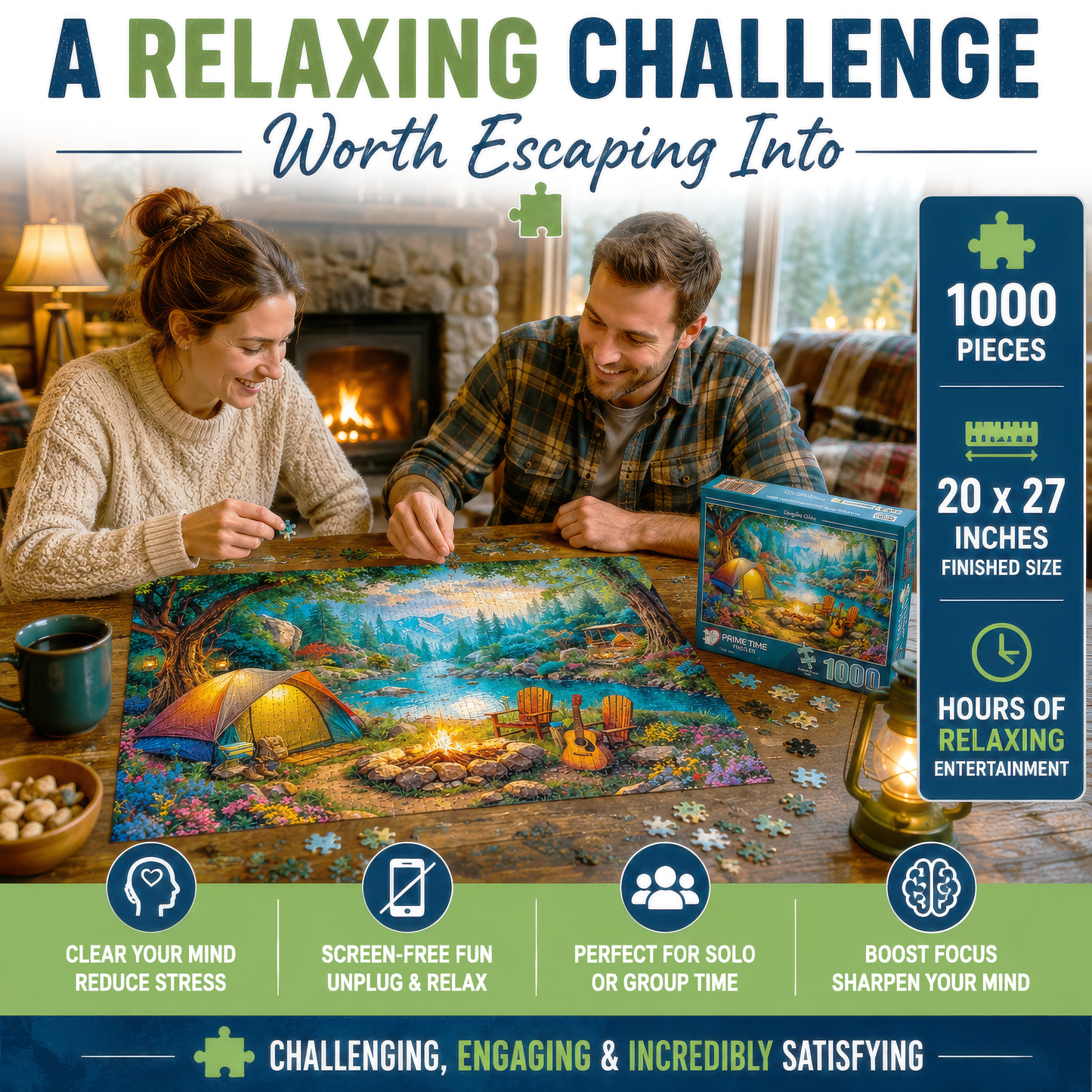 1000 Piece Jigsaw Puzzle for Adults - Tent Camping by the River - Challenging Puzzle Perfect for Game Nights - 1000 Piece for Adults. 20x27 inches - Hiking and camping in the mountains - Campfire Calm