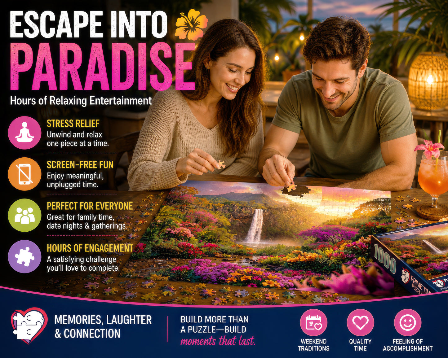 Hawaiian Waterfall Puzzles for Adults 1000 Pieces, Impossible Hard Difficult Challenging Puzzles for Adults, Colorful Tropical Flowers and Peaceful Waterfall Sunset - Jigsaw Puzzle 1000 Piece 20x27