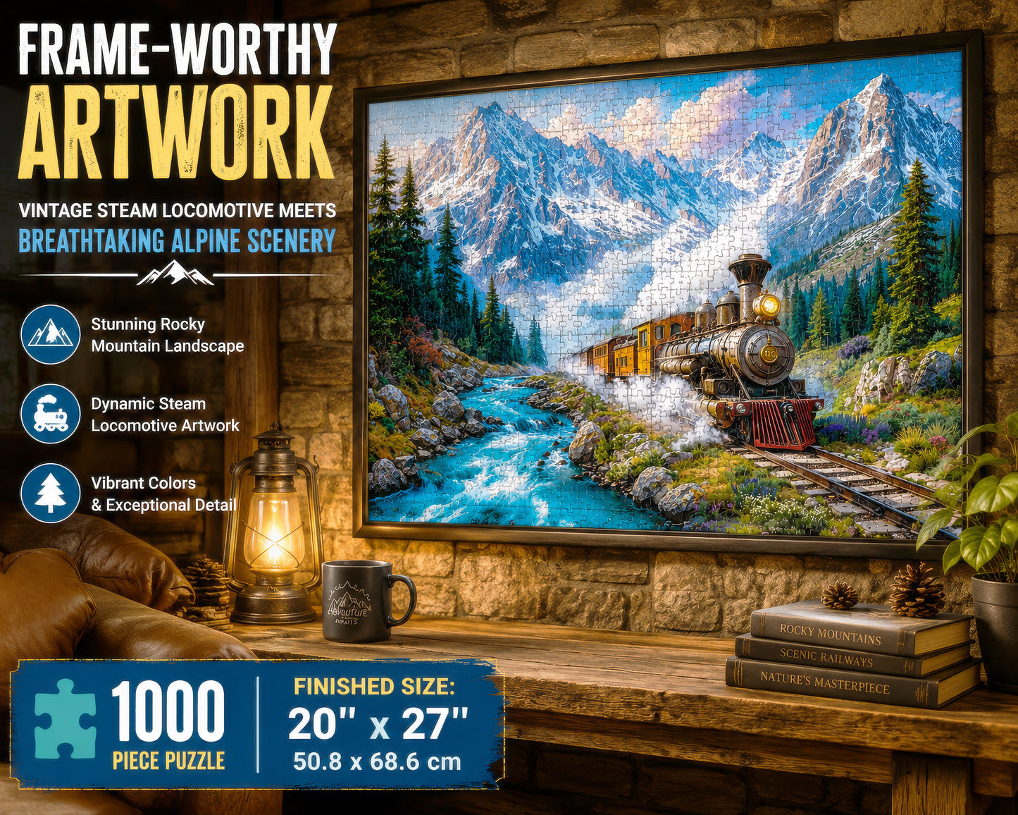 1000 Piece Jigsaw Puzzle for Adults - Mountain Express - A Steam Locomotive Train Thunders Down the Tracks - Challenging Puzzle Perfect for Game Nights - 1000 Piece for Adults. 20x27 inches