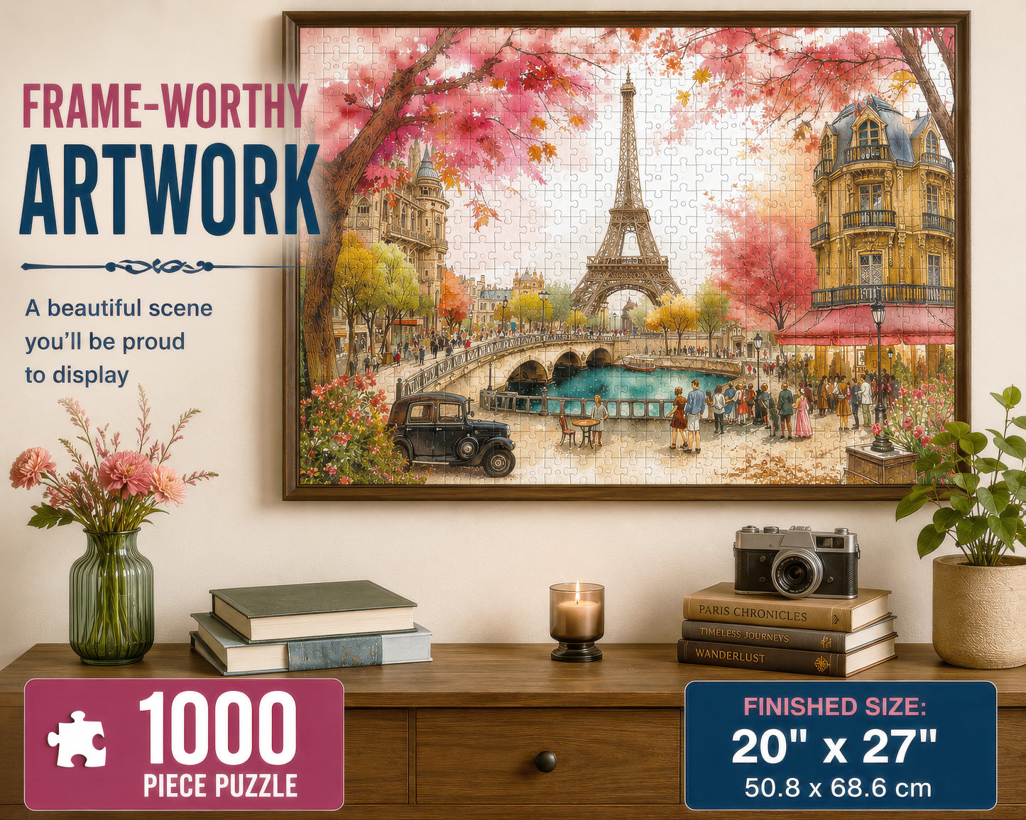 Prime Time Puzzles 1000 Piece Jigsaw Puzzle for Adults - Paris Romance - Whimsical Eifel Tower Spring Scene - Challenging Puzzle Perfect for Game Nights - 1000 Piece for Adults. 20x27 inches