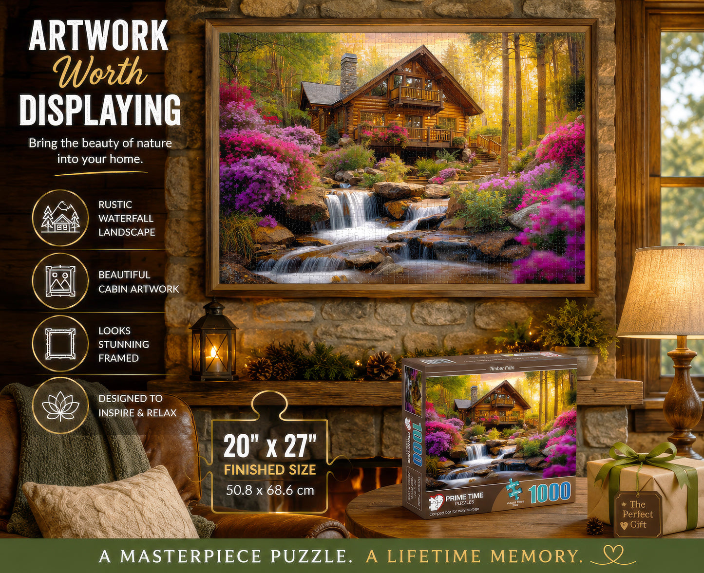Prime Time Puzzles 1000 Piece Jigsaw Puzzle for Adults - Mountain Cabin Waterfall - Challenging Puzzle Perfect for Game Nights - 1000 Piece for Adults. Nature Landscape Photograph in Forest 20x27 inch