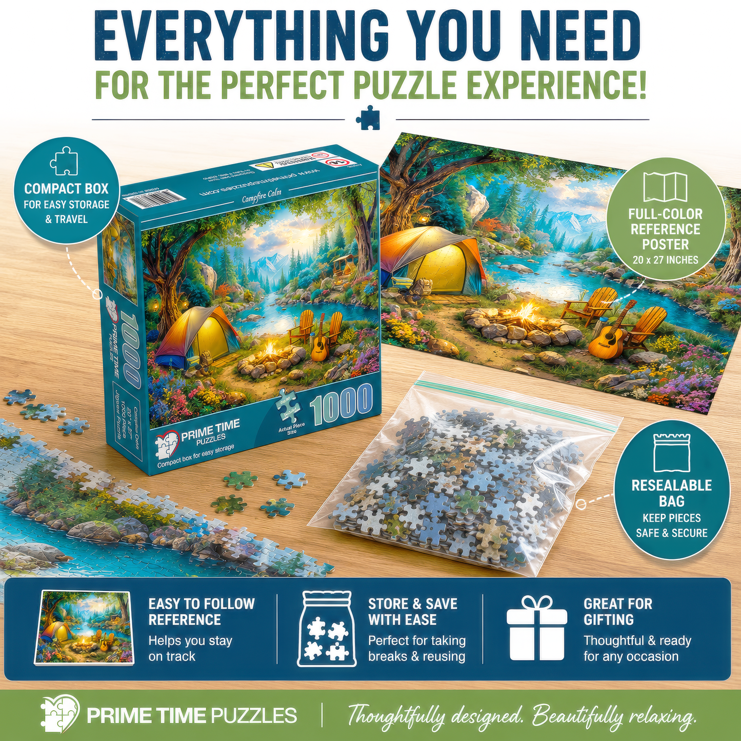 1000 Piece Jigsaw Puzzle for Adults - Tent Camping by the River - Challenging Puzzle Perfect for Game Nights - 1000 Piece for Adults. 20x27 inches - Hiking and camping in the mountains - Campfire Calm