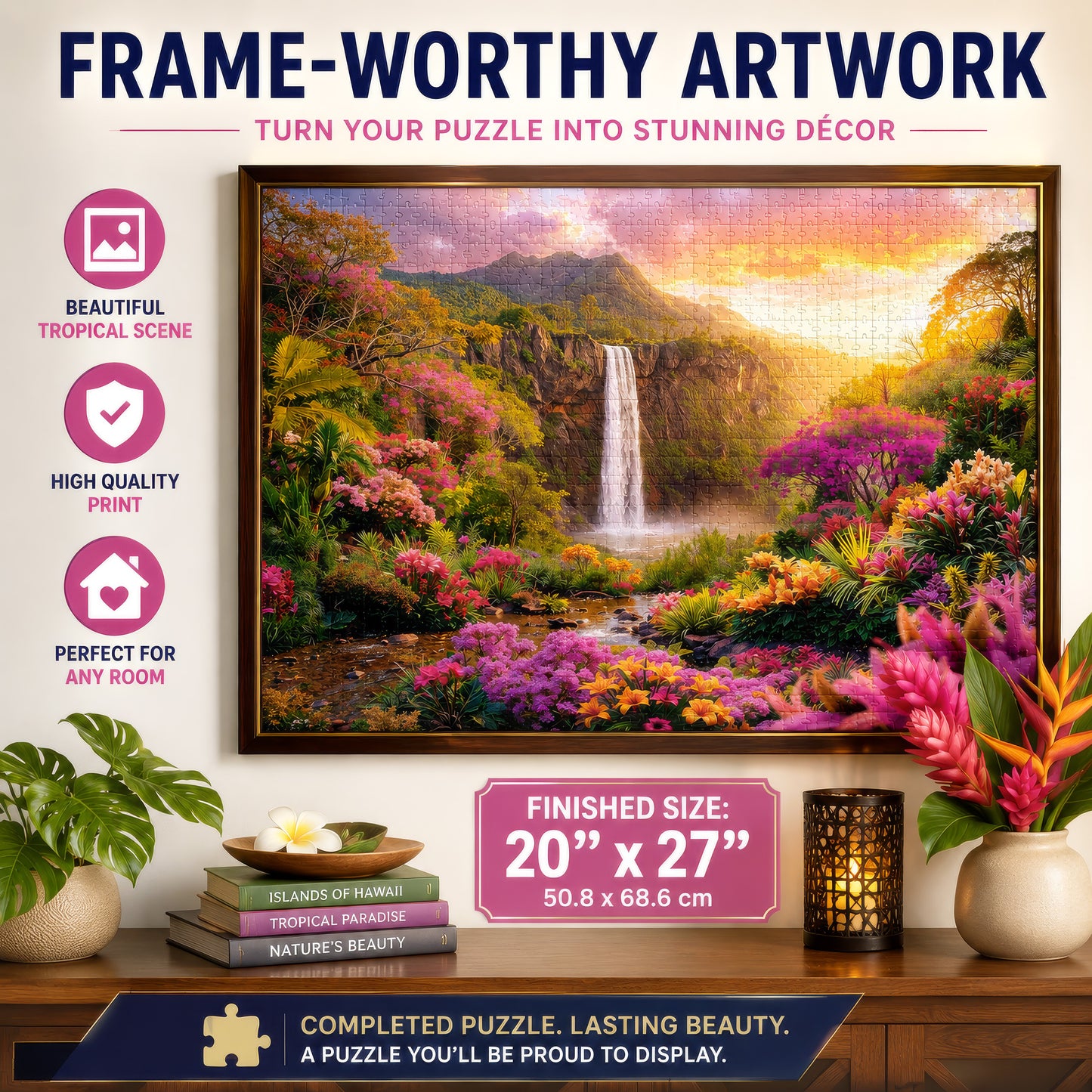 Hawaiian Waterfall Puzzles for Adults 1000 Pieces, Impossible Hard Difficult Challenging Puzzles for Adults, Colorful Tropical Flowers and Peaceful Waterfall Sunset - Jigsaw Puzzle 1000 Piece 20x27