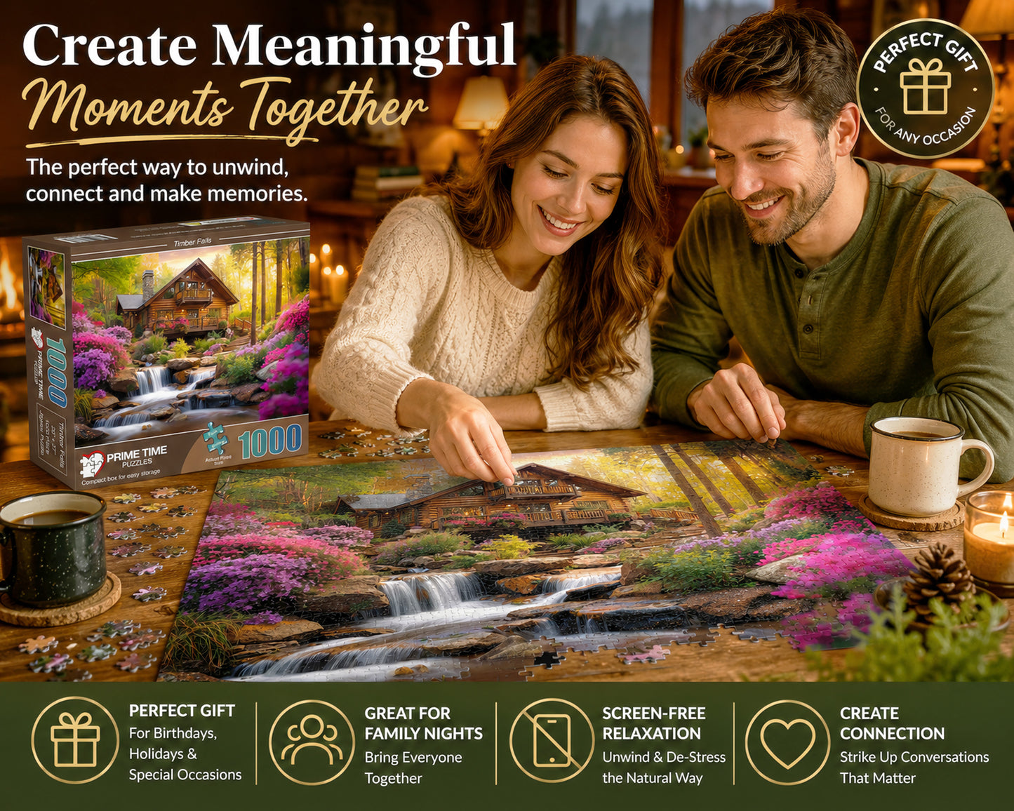 Prime Time Puzzles 1000 Piece Jigsaw Puzzle for Adults - Mountain Cabin Waterfall - Challenging Puzzle Perfect for Game Nights - 1000 Piece for Adults. Nature Landscape Photograph in Forest 20x27 inch