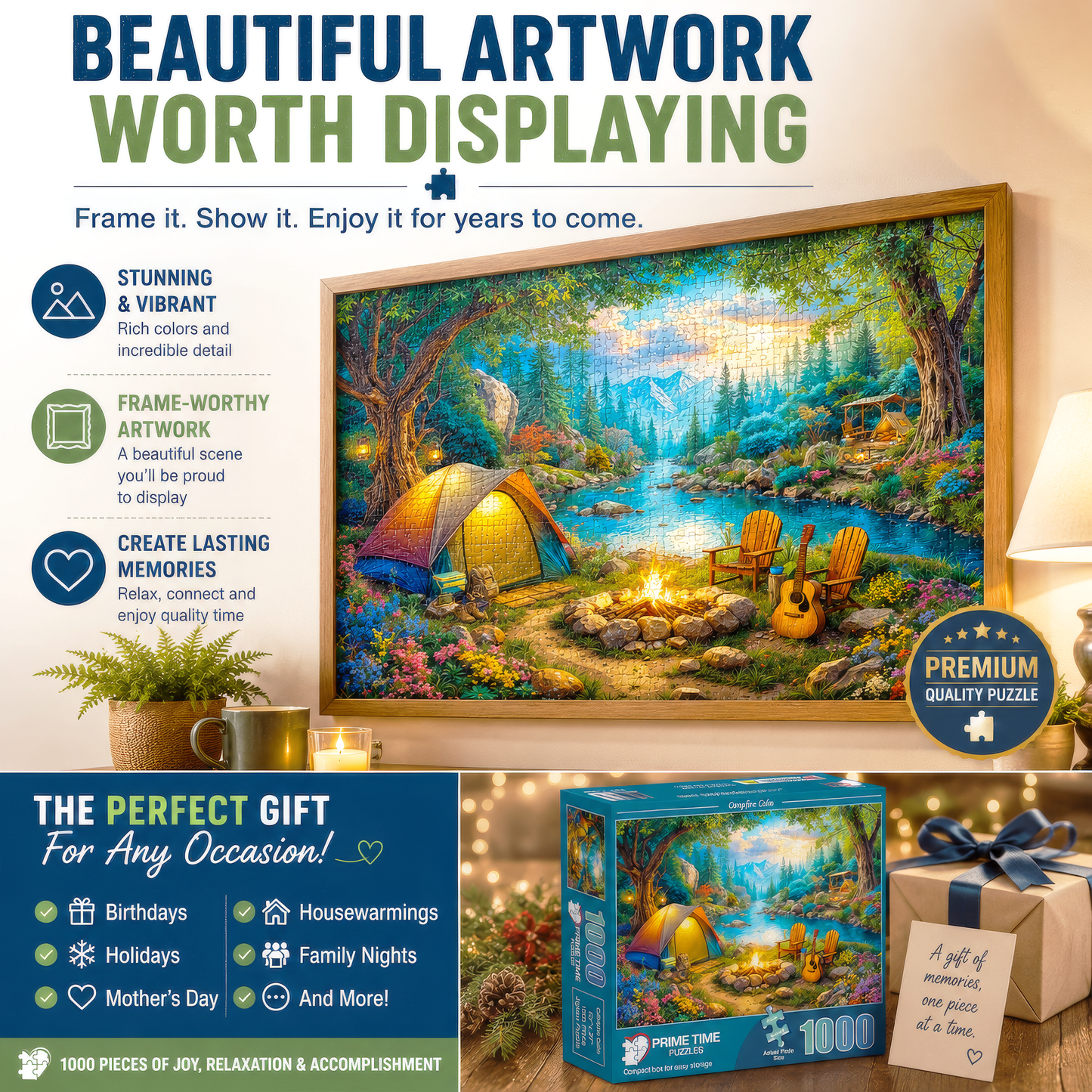 1000 Piece Jigsaw Puzzle for Adults - Tent Camping by the River - Challenging Puzzle Perfect for Game Nights - 1000 Piece for Adults. 20x27 inches - Hiking and camping in the mountains - Campfire Calm