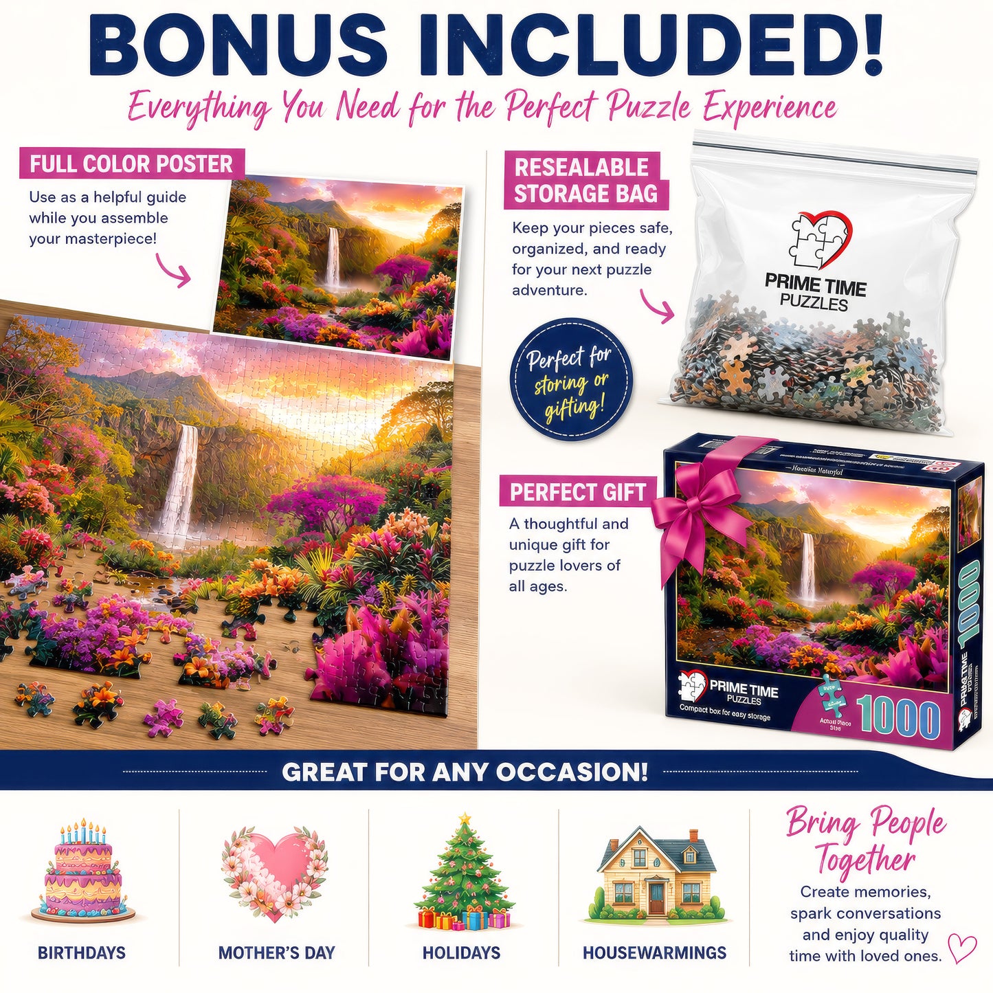Hawaiian Waterfall Puzzles for Adults 1000 Pieces, Impossible Hard Difficult Challenging Puzzles for Adults, Colorful Tropical Flowers and Peaceful Waterfall Sunset - Jigsaw Puzzle 1000 Piece 20x27