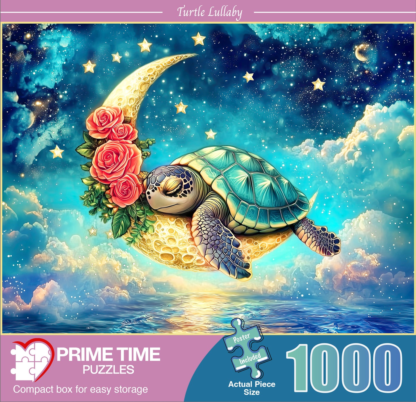 1000 Piece Jigsaw Puzzle for Adults - Cute Sea Turtle Gently Sleeping on The Crescent Moon amidst a Cloud Covered Ocean - Turtle Lullaby