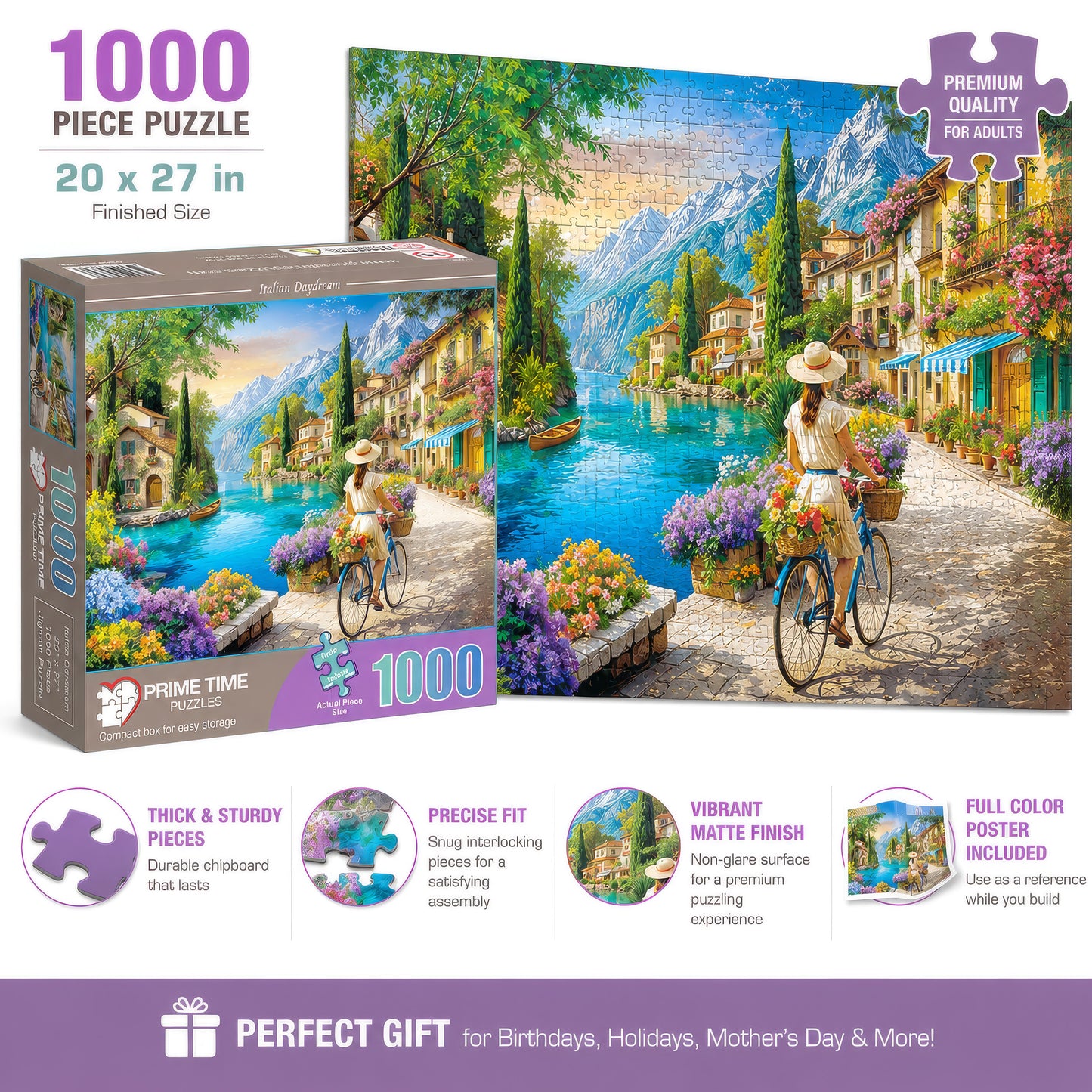 1000 Piece Jigsaw Puzzle for Adults - Italian Daydream - A Young Woman Rides her Bicycle Along the Mediterranean Sea in Italy - Challenging Puzzle Perfect for Game Nights - 20x27 inches