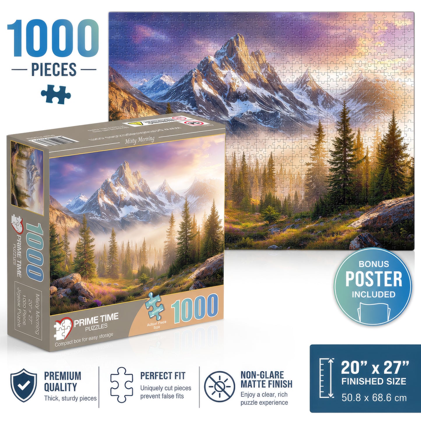 Prime Time Puzzles 1000 Piece Jigsaw Puzzle for Adults - Majestic Mountain on a Foggy Morning - Challenging Puzzle Perfect for Game Nights - Nature Landscape - 1000 Piece for Adults. 20x27 inches