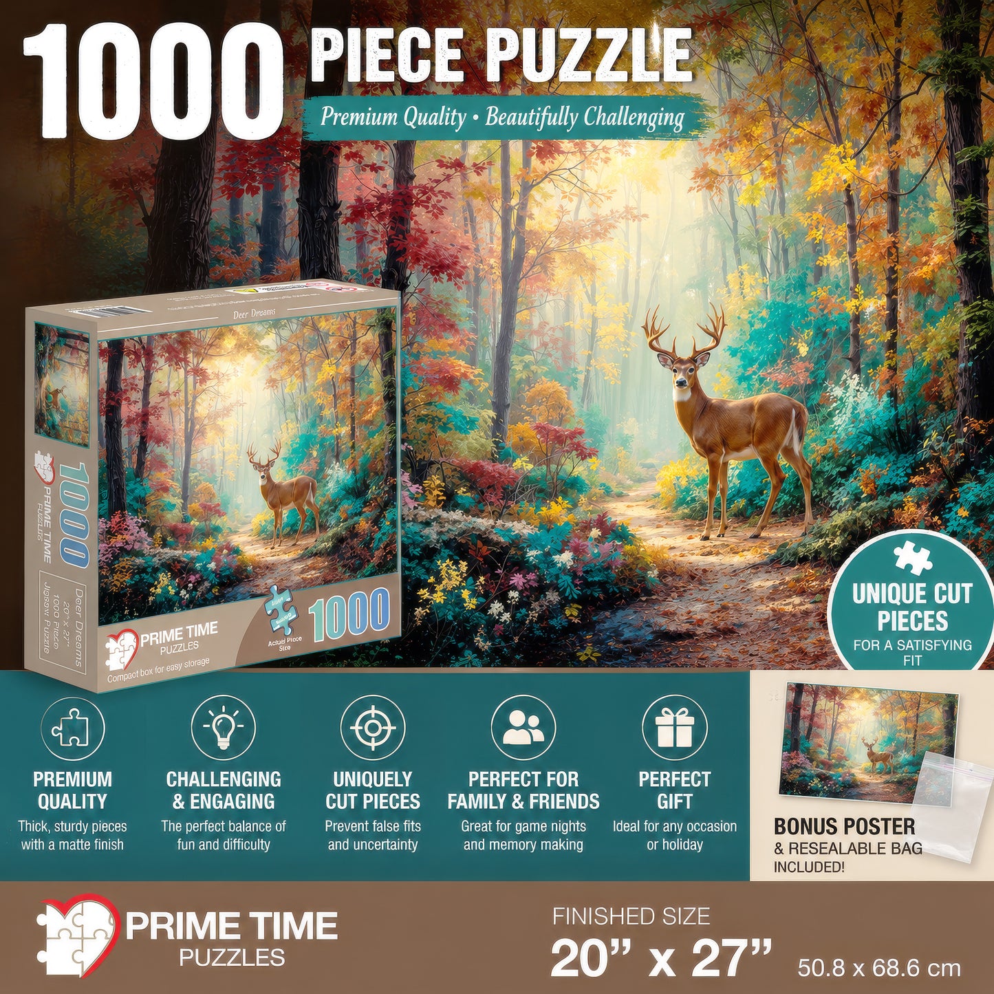 Prime Time Puzzles 1000 Piece Jigsaw Puzzle for Adults - A Majestic Whitetail Buck in the Fall Forest - Challenging Puzzle Perfect for Game Nights - 1000 Piece for Adults. 20x27 inches - Deer Dreams