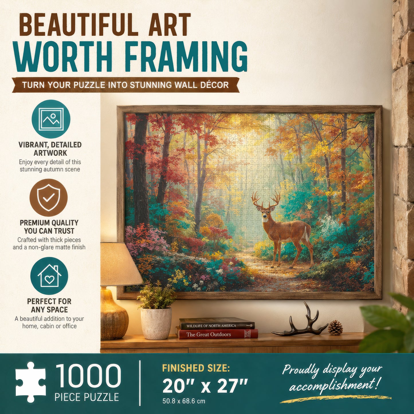 Prime Time Puzzles 1000 Piece Jigsaw Puzzle for Adults - A Majestic Whitetail Buck in the Fall Forest - Challenging Puzzle Perfect for Game Nights - 1000 Piece for Adults. 20x27 inches - Deer Dreams